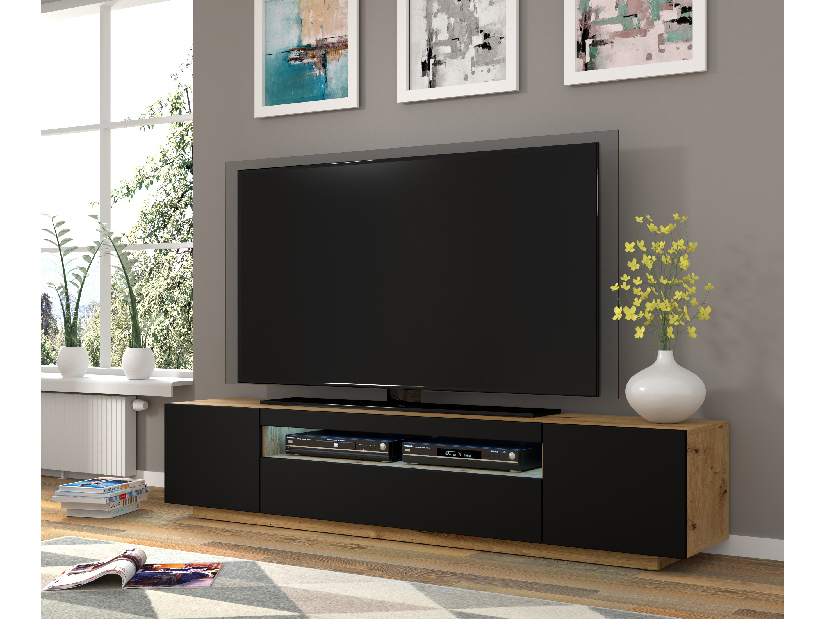 TV stolík/skrinka Aurinko 200 (dub artisan + matná čierna) (s osvetlením)