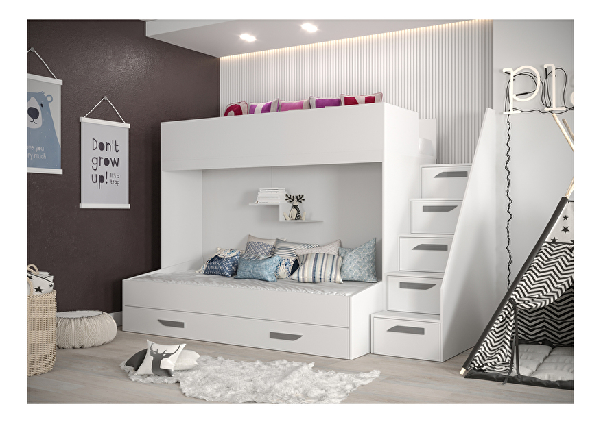 Detská kombinovaná posteľ 90 cm Puro 16 (matná biela + biely lesk + sivé úchytky)