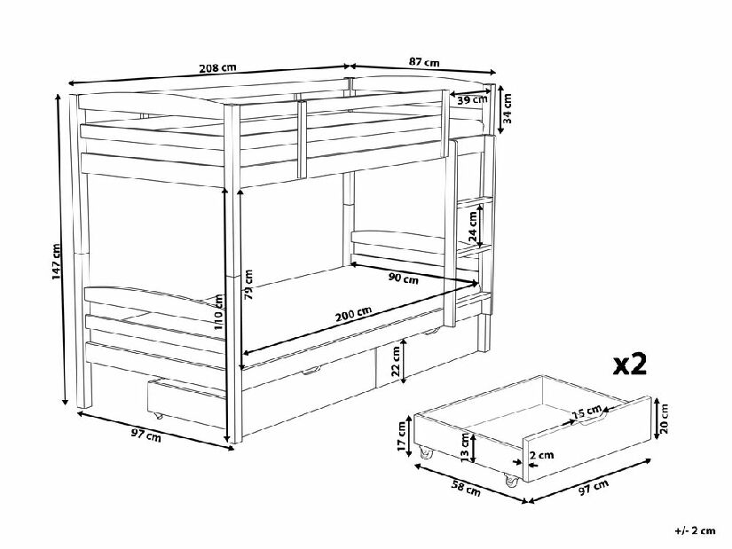 Poschodová posteľ 90 cm Reggeton (tmavé drevo) (s roštom a úložným priestorom)