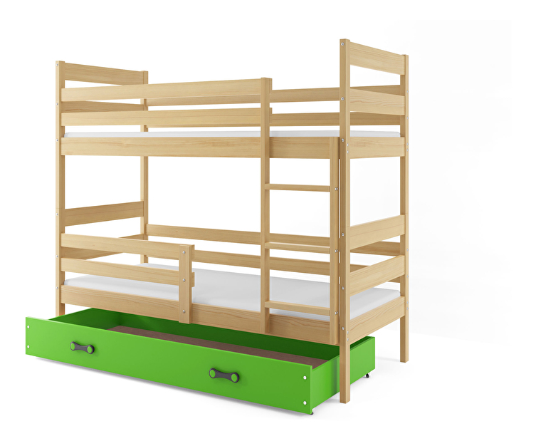 Poschodová posteľ 80 x 160 cm Eril B (borovica + zelená) (s roštami, matracmi a úl. priestorom)