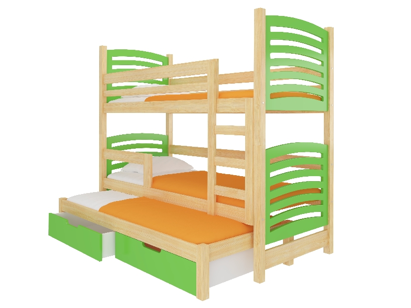 Poschodová detská posteľ 180x75 cm Stanislava (s roštom a matracom) (borovica + zelená)
