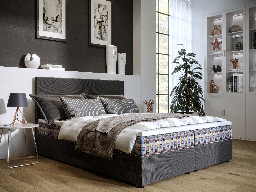 Manželská posteľ Boxspring 180 cm Skonto Comfort (tmavosivá + vzor pletený) (s matracom a úložným priestorom)