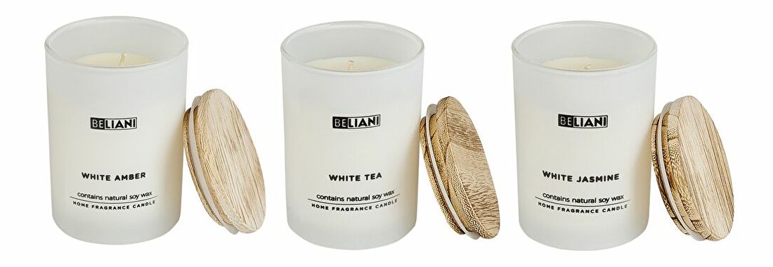 Sada 3 ks vonných sviečok biely jantár/biely čaj/biely jazmín Saturnus (biela) 
