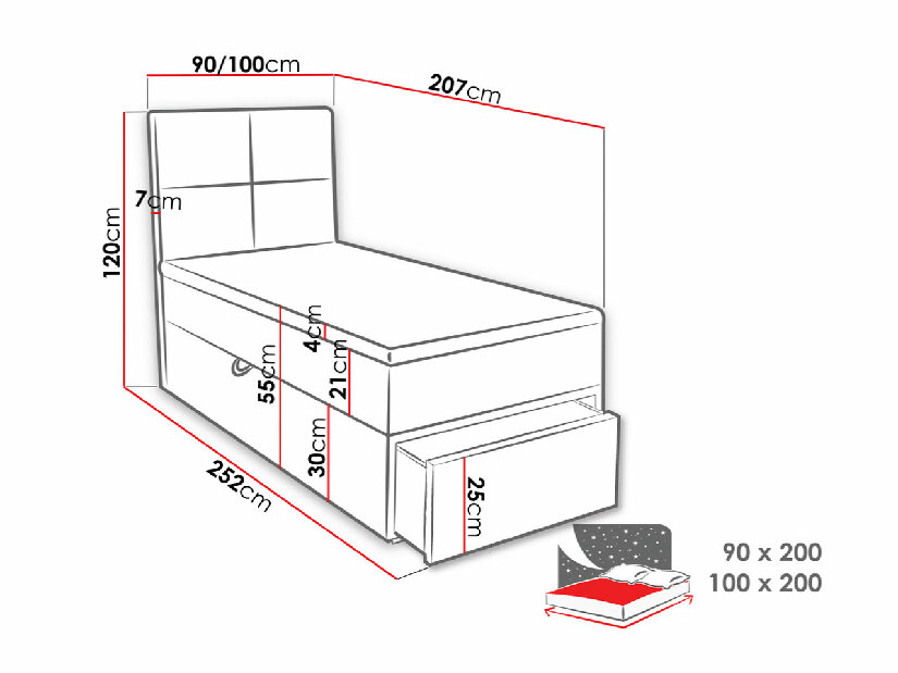 Jednolôžková posteľ 100 Hills 1 (sivá ) (s roštom, matracom a úl. priestorom)