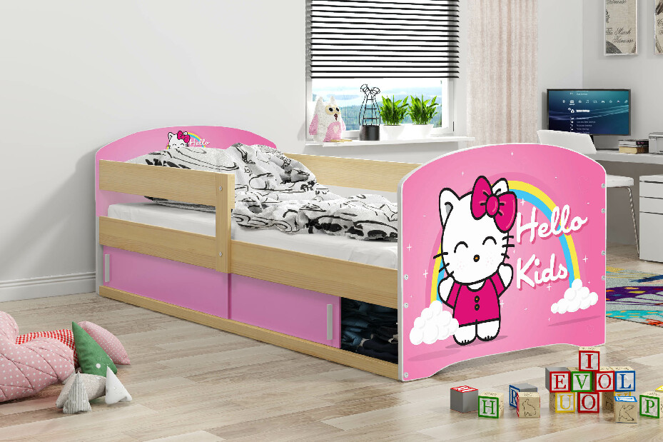 Detská posteľ 80 x 160 cm Lukan (borovica + vzor hello kids) (s roštom, matracom a úl. priestorom)