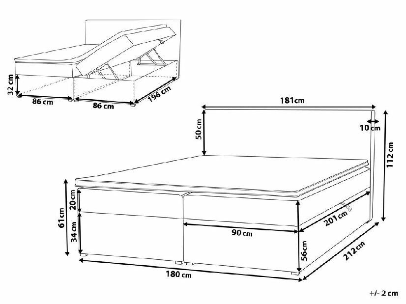 Manželská posteľ Boxspring 180 cm SENNOR (s matracmi a úlož.priestorom) (sivá)