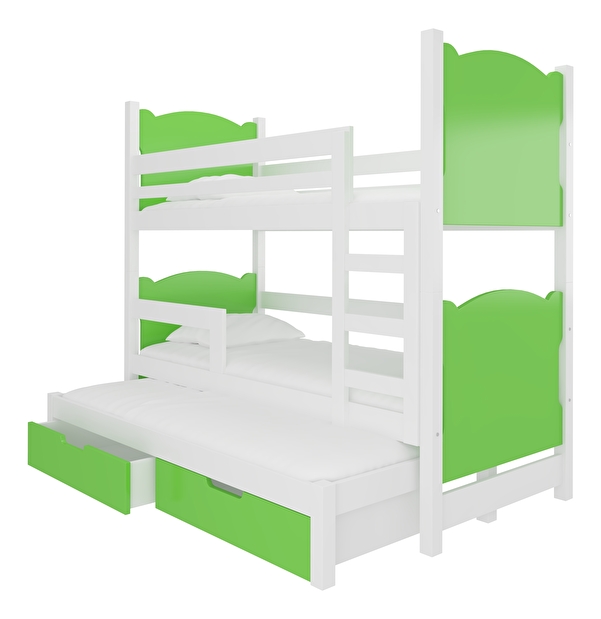 Poschodová detská posteľ 180x75 cm Lukrécia (s roštom a matracom) (biela + zelená)