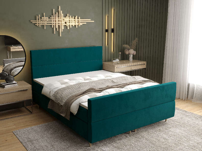 Manželská posteľ Boxspring 140 cm Flu plus (tmavozelená) (s matracom a úložným priestorom)