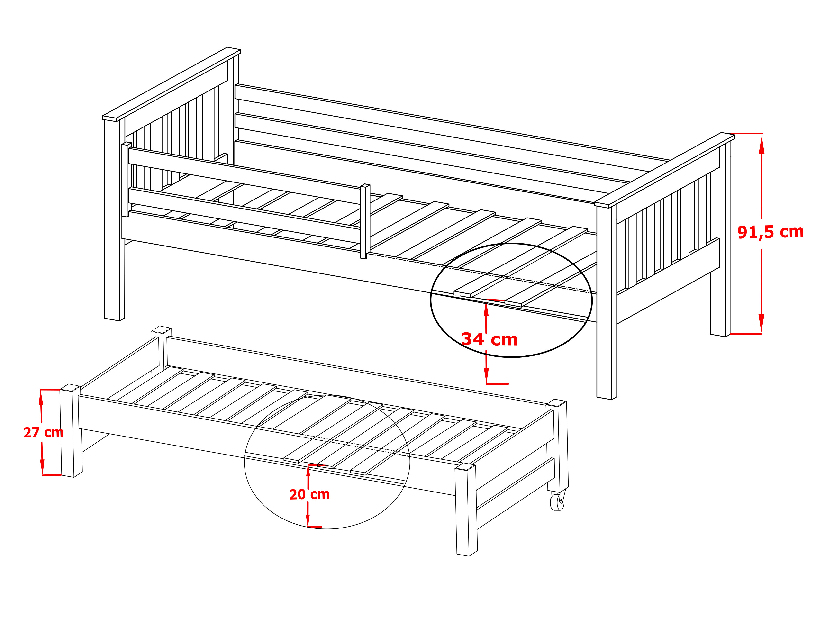 Detská posteľ 80 x 180 cm TOYA (s roštom a úl. priestorom) (buk)
