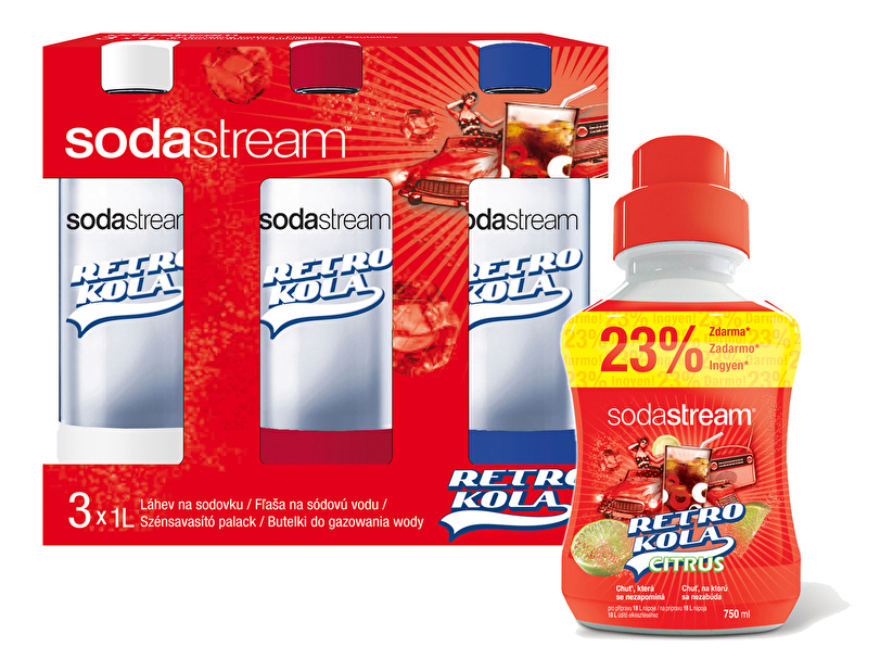 Predajná sada Sodastream fľaša TRIPACK RETRO KOLA + sirup RETRO KOLA CITRUS sada