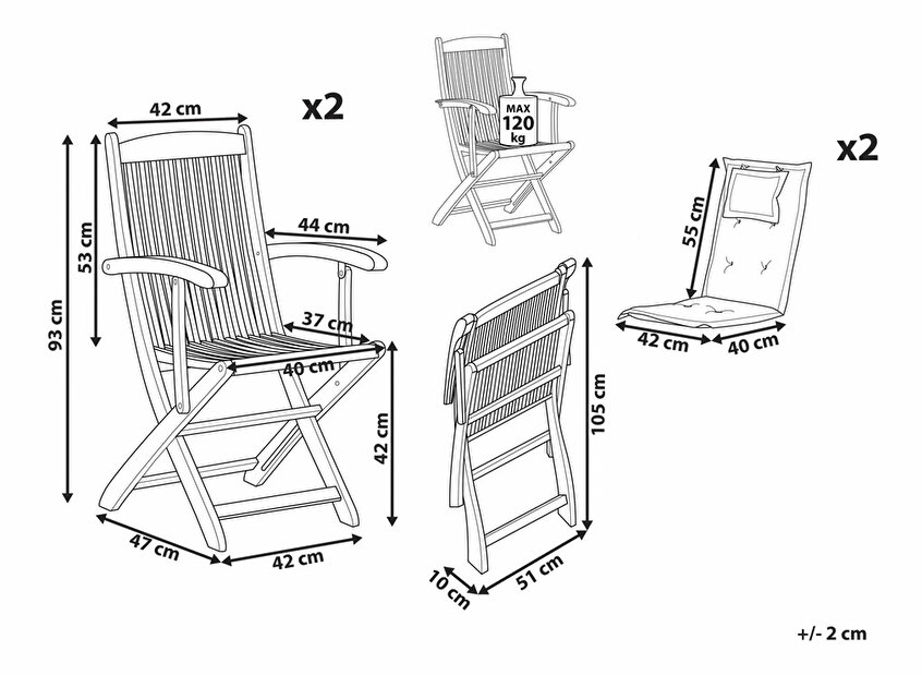Set 2 ks. záhradných stoličiek Mali (grafitová) (s vankúšmi)