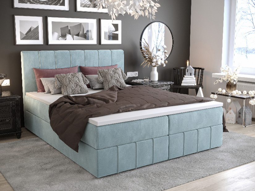 Manželská posteľ Boxspring 140 cm Barack (sivomodrá) (s matracom a úložným priestorom)
