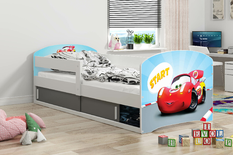 Detská posteľ 80 x 160 cm Lukan (biela + vzor cars) (s roštom, matracom a úl. priestorom)