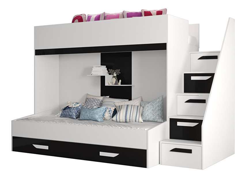 Detská kombinovaná posteľ 90 cm Puro 16 (matná biela + biely lesk + čierny lesk)