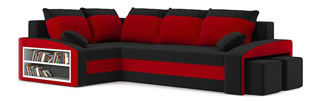 Rohová sedačka Ginevra (čierna + červená) (s poličkou a taburetkou) (L)