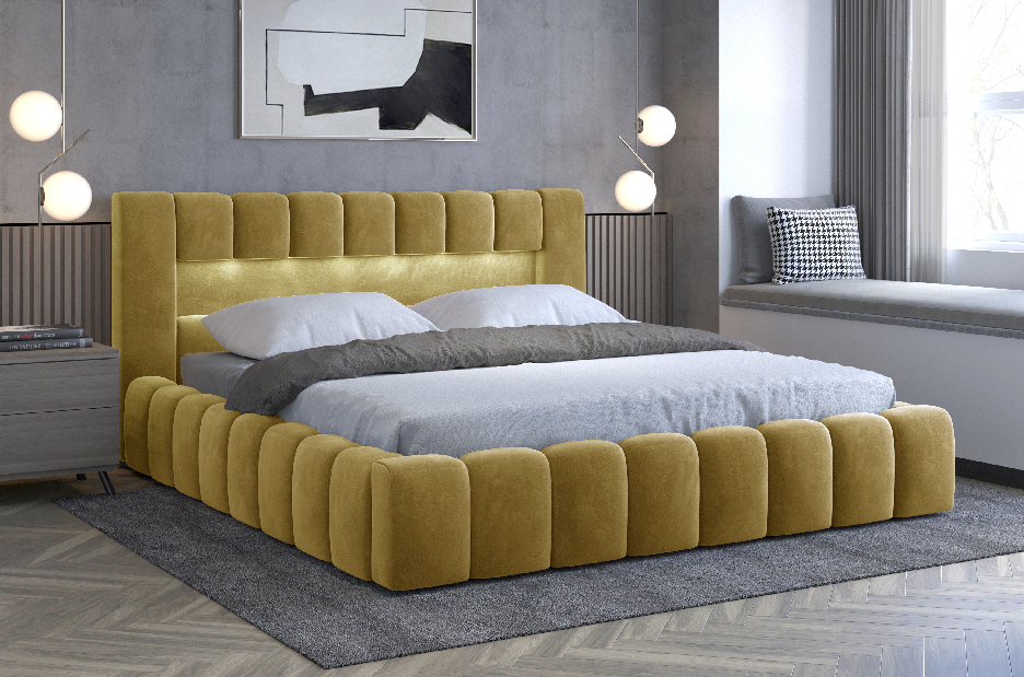 Manželská posteľ 140 cm Luxa (horčičová) (s roštom, úl. priestorom a LED)