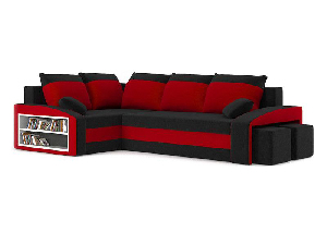Rohová sedačka Ginevra (čierna + červená) (s poličkou a taburetkou) (L)