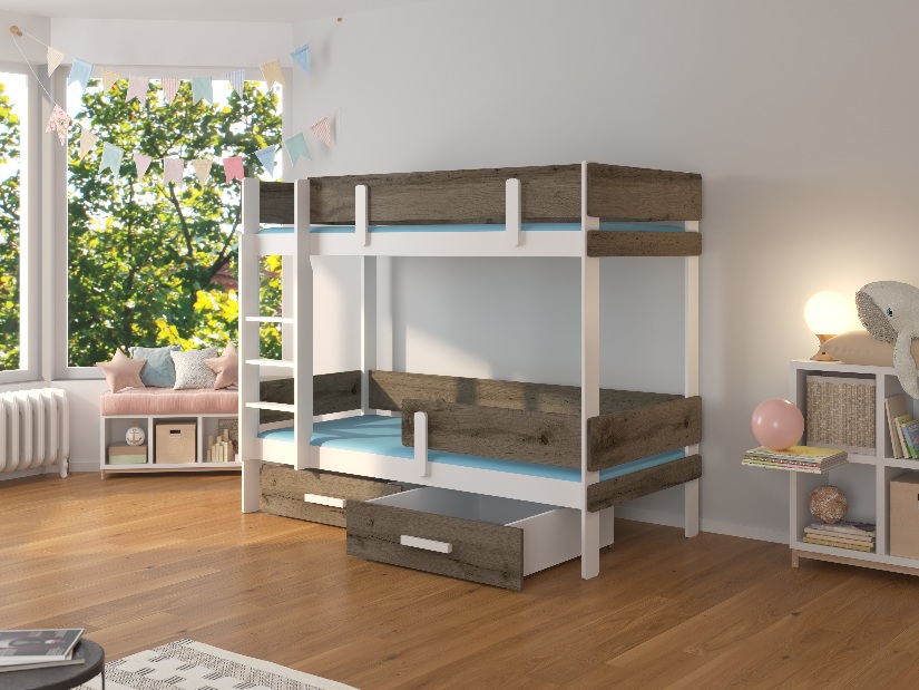 Poschodová detská posteľ 200x90 cm Ellen (s roštom) (biela + dub sivý)