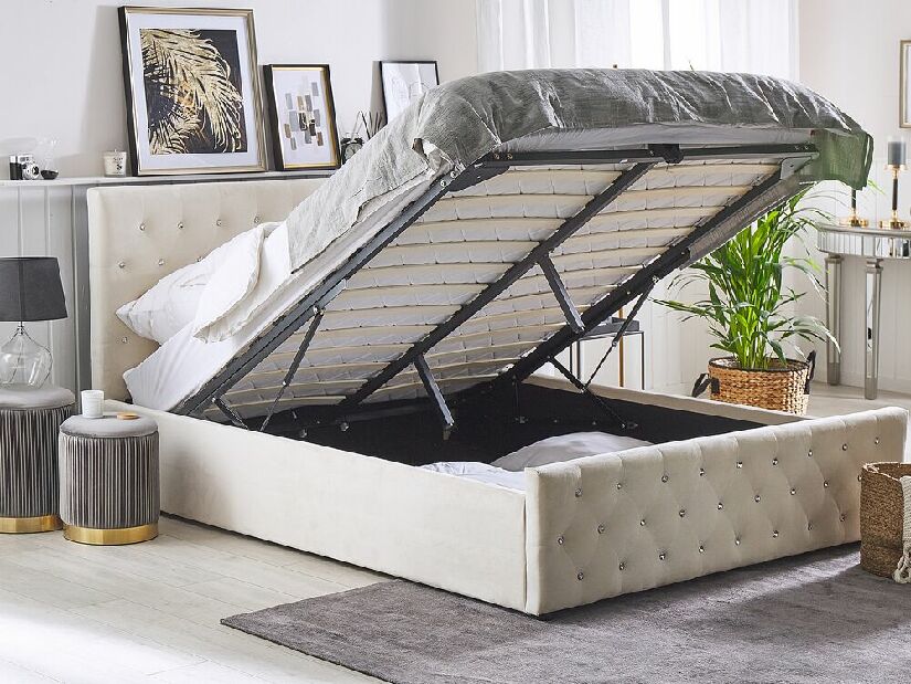 Manželská posteľ 160 cm AMESIA (béžová) (s roštom a úl. priestorom)