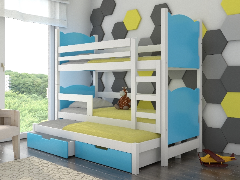 Poschodová detská posteľ 180x75 cm Lukrécia (s roštom a matracom) (biela + modrá)