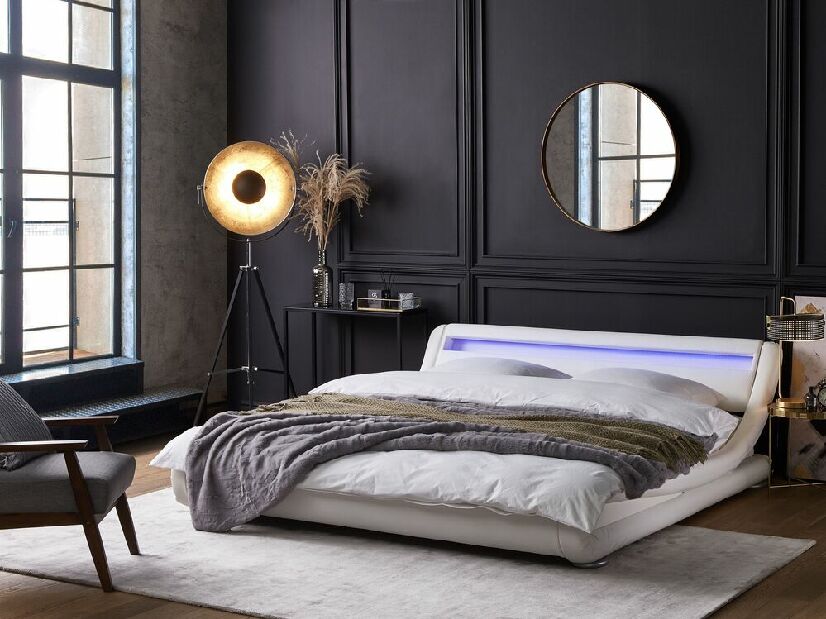 Manželská posteľ 180 cm AVENUE (s roštom a LED osvetlením) (biela)