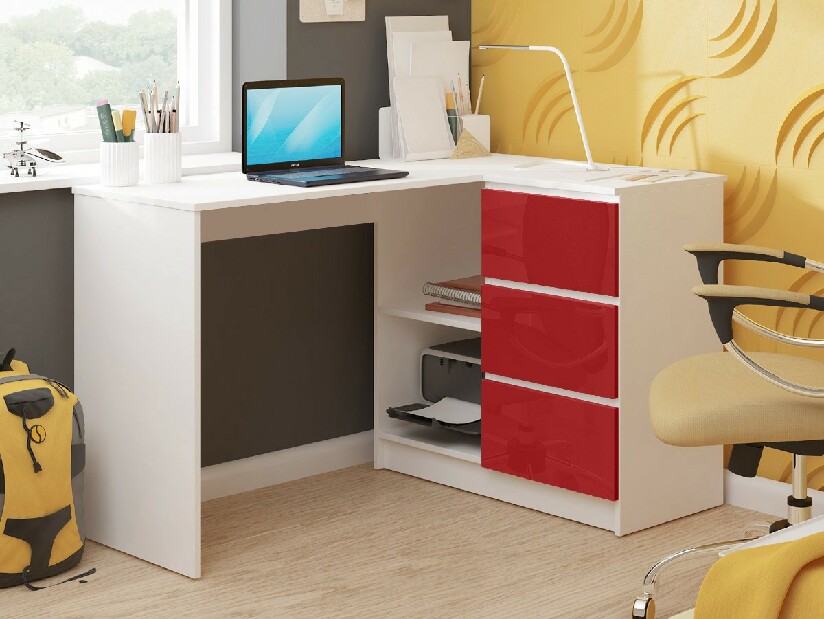 Rohový PC stolík Bodhi (biela + červený lesk) (P)