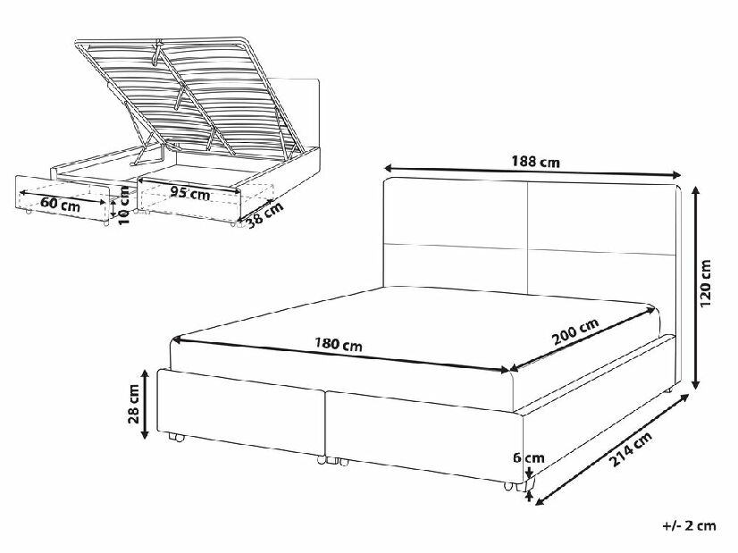 Manželská posteľ 180 cm Vissarion (sivá) (s roštom a úložným priestorom)