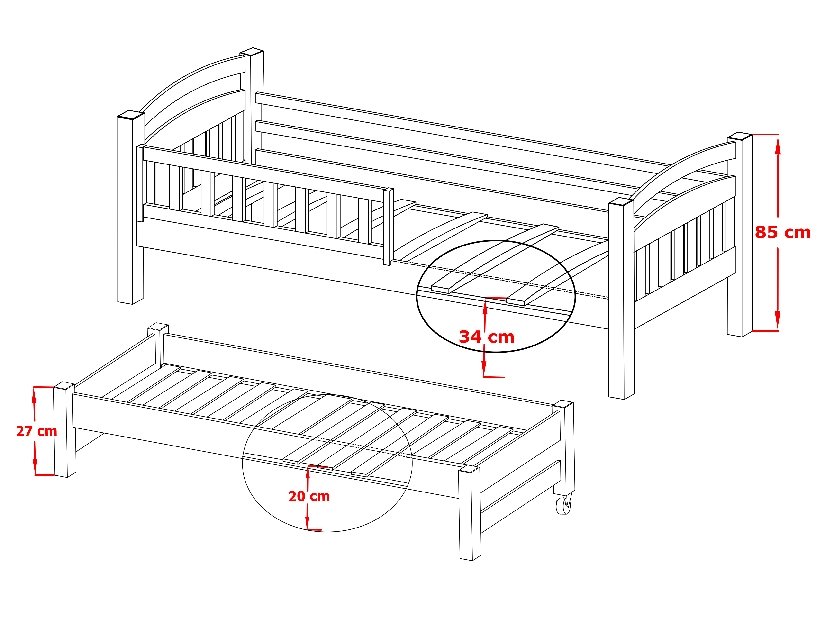 Detská posteľ 80 x 180 cm GLYNDA (s roštom a úl. priestorom) (borovica)