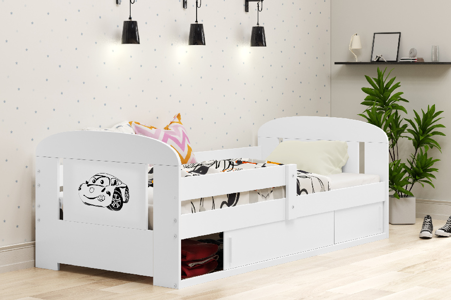 Detská posteľ 80 cm Fimmo (biela + auto) (s roštom, matracom a úl. priestorom)
