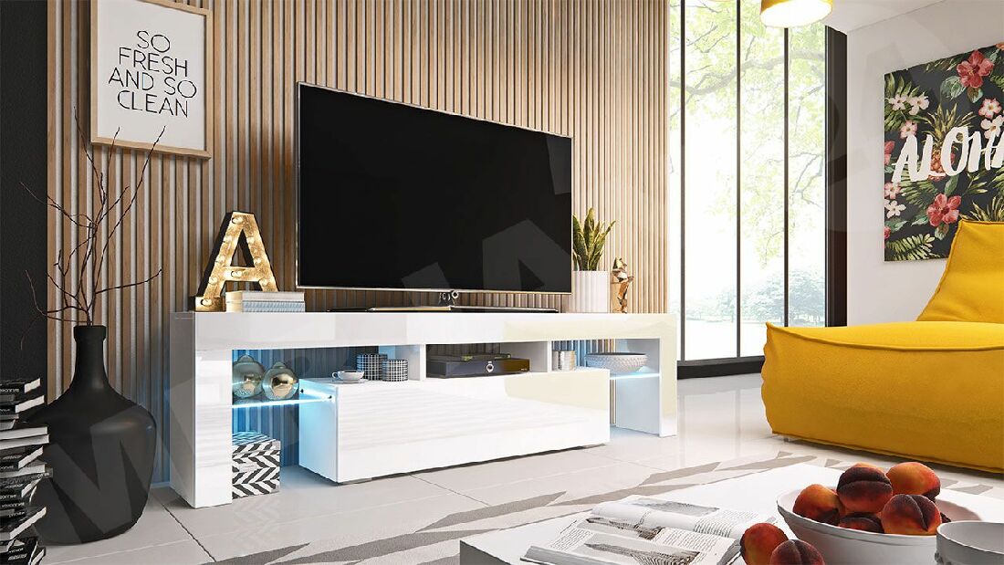 TV stolík/skrinka Gordo 158 (biela + biely lesk) (LED modré) *výpredaj