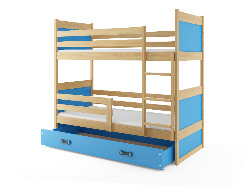 Poschodová posteľ 90 x 200 cm Ronnie B (borovica + modrá) (s roštami, matracmi a úl. priestorom)