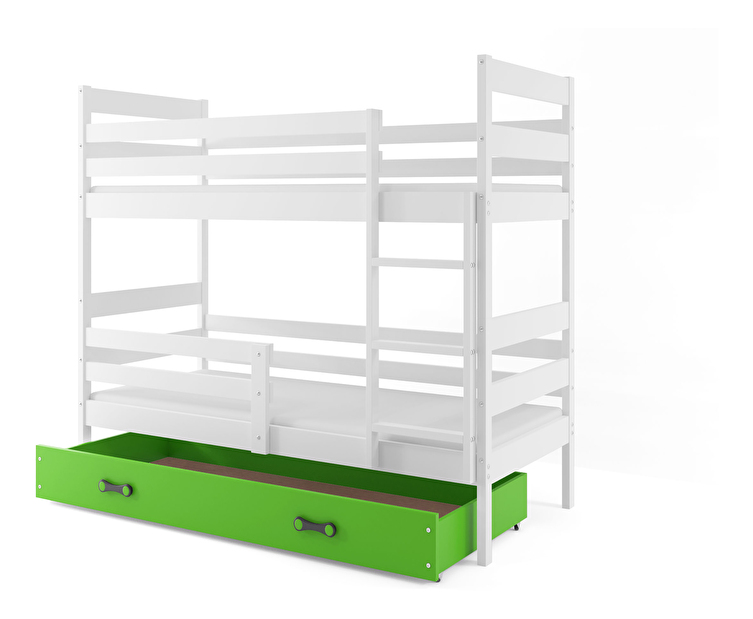 Poschodová posteľ 90 x 200 cm Eril B (biela + zelená) (s roštami, matracmi a úl. priestorom)
