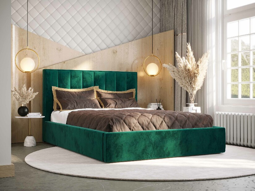 Manželská posteľ 140 cm Ocie (tmavozelená) (s roštom a úložným priestorom)