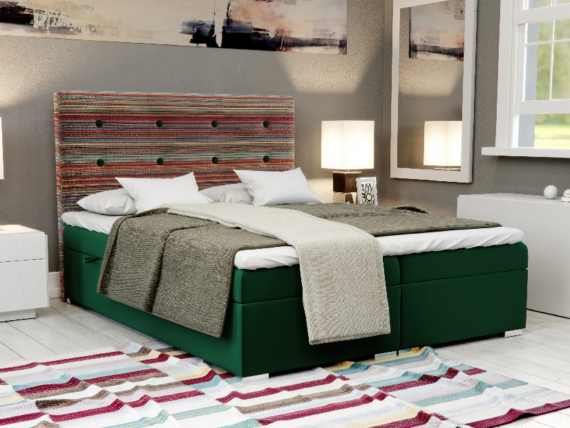 Kontinentálna posteľ 160 cm Rinoletto (tmavozelená + viacfarebné) (s úložným priestorom)