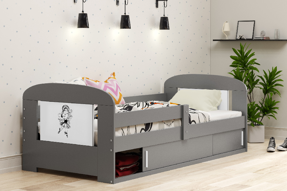 Detská posteľ 80 cm Fimmo (grafit + baletka) (s roštom, matracom a úl. priestorom)