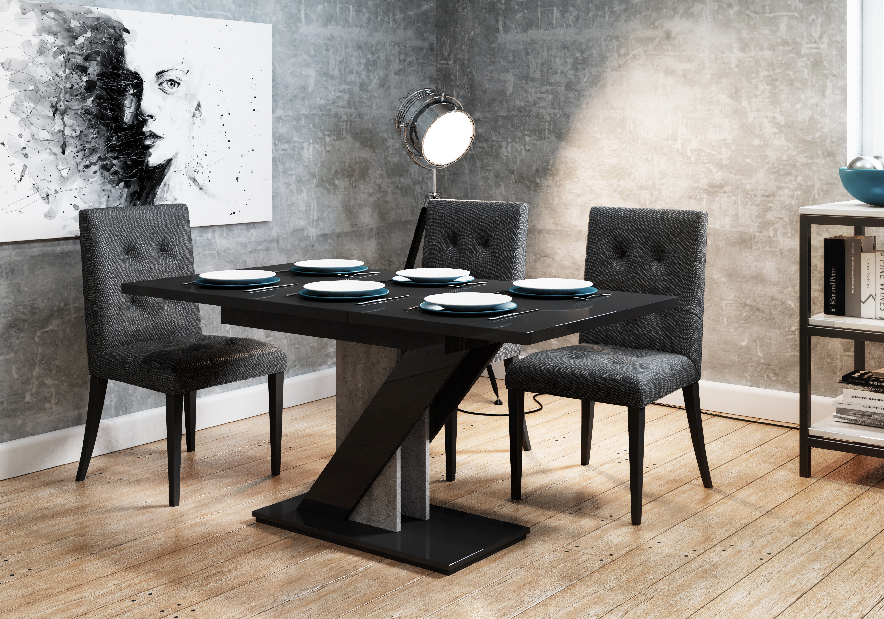 Jedálenský stôl Mevenis (lesk čierny + kameň) (pre 4 až 6 osôb)