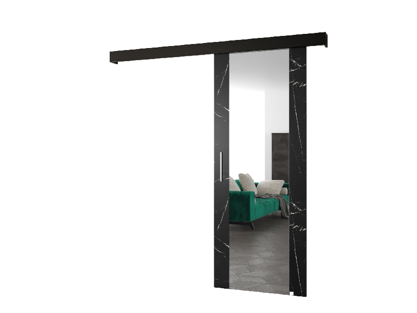Posuvné dvere 90 cm Sharlene II (mramor čierny + čierna matná + strieborná) (so zrkadlom)