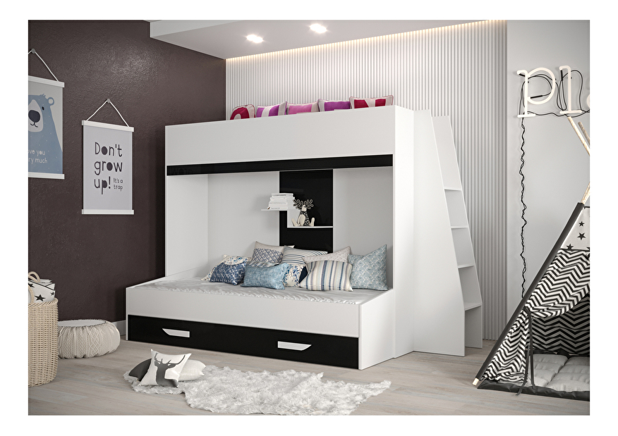 Detská kombinovaná posteľ 90 cm Puro 17 (matná biela + biely lesk + čierny lesk)