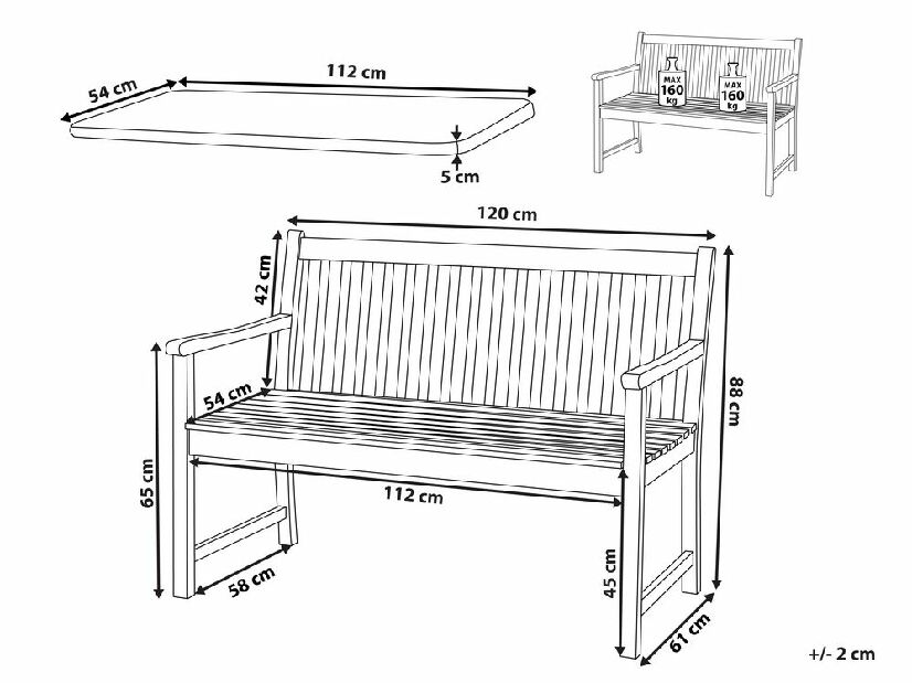 Záhradná lavica 120 cm VESTFOLD (drevo) (tmavočervený podsedák)