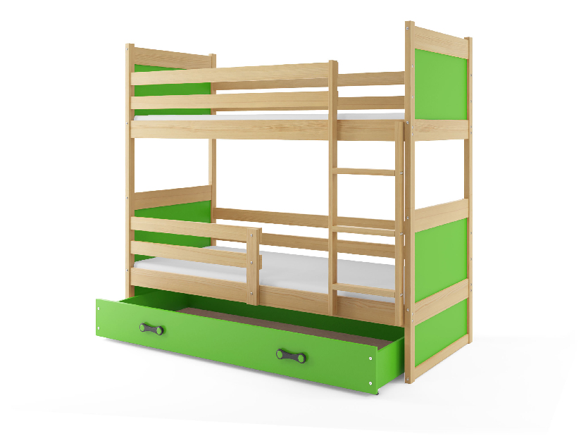 Poschodová posteľ 80 x 160 cm Ronnie B (borovica + zelená) (s roštami, matracmi a úl. priestorom)