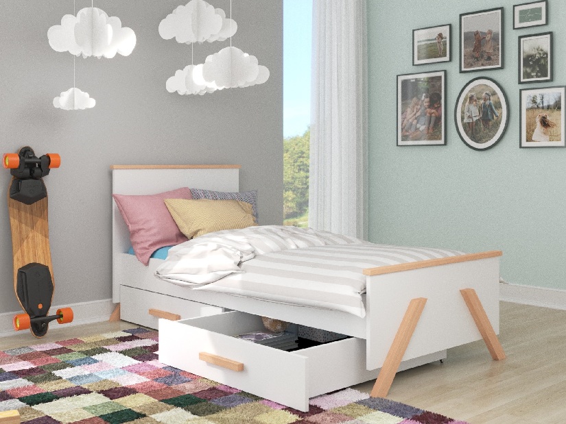 Detská posteľ 200x90 cm Karolina (s roštom a matracom) (buk natural + biela)