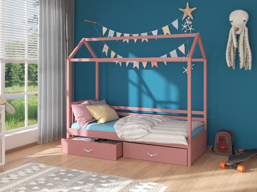 Detská posteľ 200x90 cm Rosie I (s roštom a matracom) (ružová)