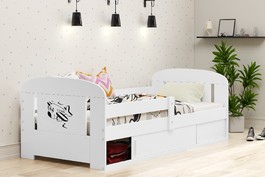 Detská posteľ 80 cm Fimmo (biela + lietadlo) (s roštom, matracom a úl. priestorom)