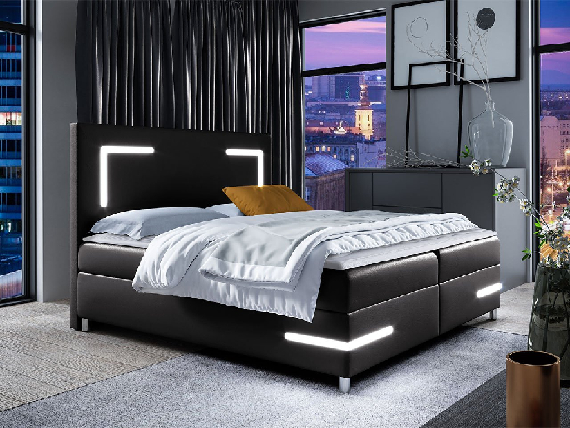 Manželská posteľ LED 200 cm Filia (čierna ) (s roštom, matracom a úl. priestorom)