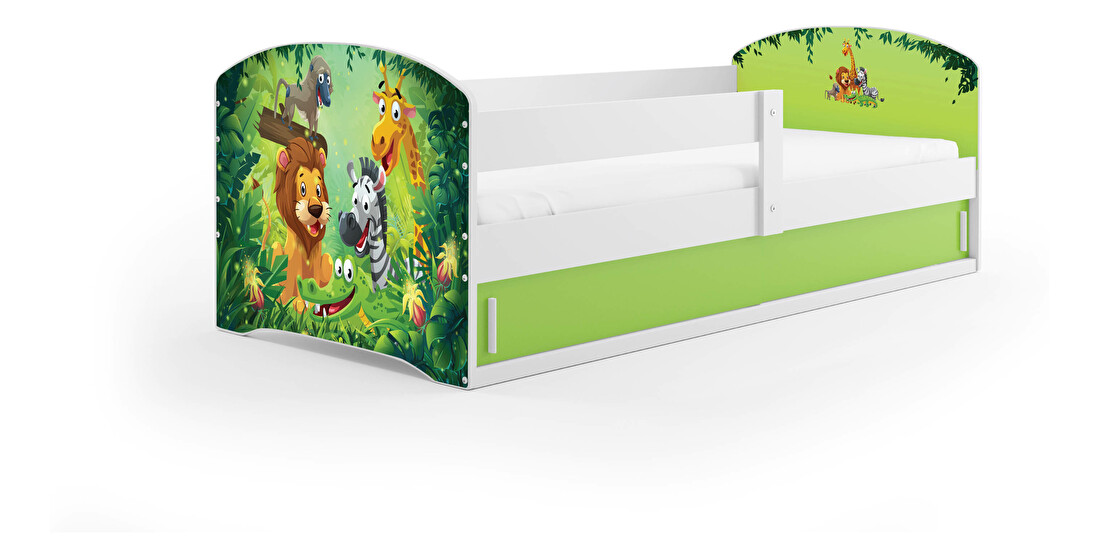 Detská posteľ 80 x 160 cm Lukan (biela + vzor jungle) (s roštom, matracom a úl. priestorom)