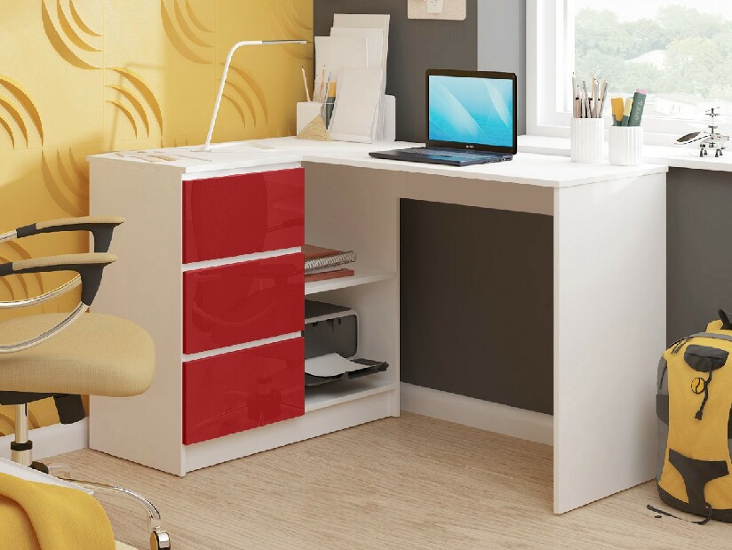 Rohový PC stolík Bodhi (biela + červený lesk) (L)