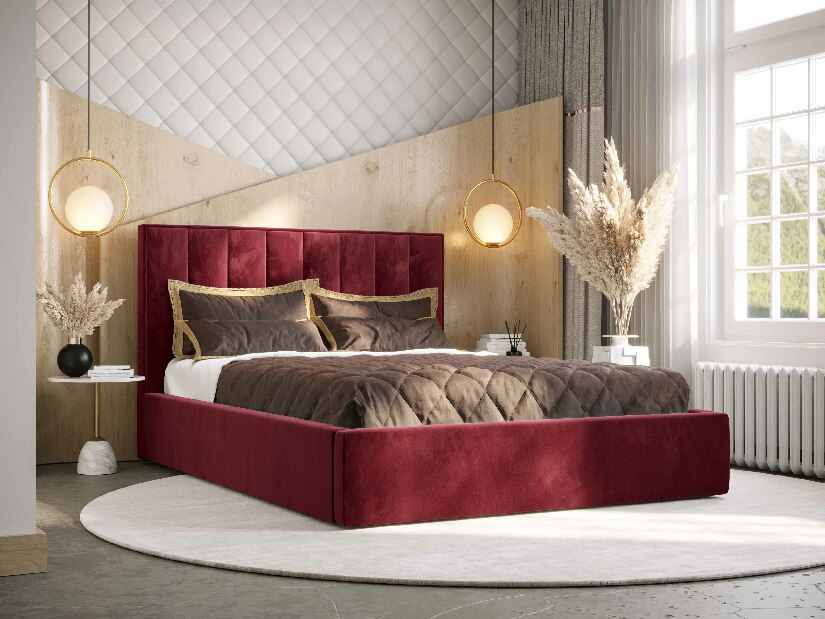 Manželská posteľ 140 cm Ocie (bordová) (s roštom a úložným priestorom)