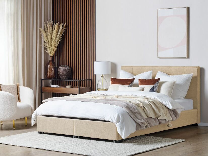 Manželská posteľ 160 cm Rhiannon (béžová) (s roštom a úložným priestorom)