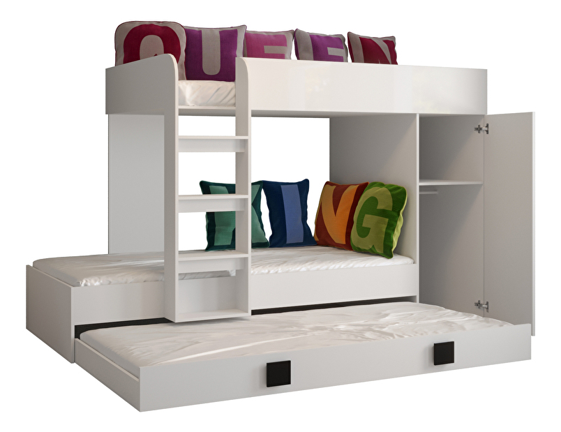 Detská kombinovaná posteľ 90 cm Toreno 2 (biela + biely lesk + biele lesklé madlá)