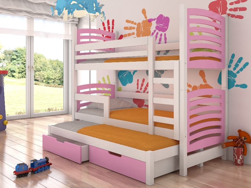 Poschodová detská posteľ 180x75 cm Stanislava (s roštom a matracom) (biela + ružová)